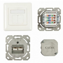 Dosen TP, UP, 2-fach, CAT6A, 500Mhz, Reinweiss, waagrechter hinterer Kabeleingang