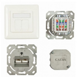 Dosen TP, UP, 2-fach, CAT6A, 500Mhz, Reinweiss, senkrechter hinterer Kabeleingang